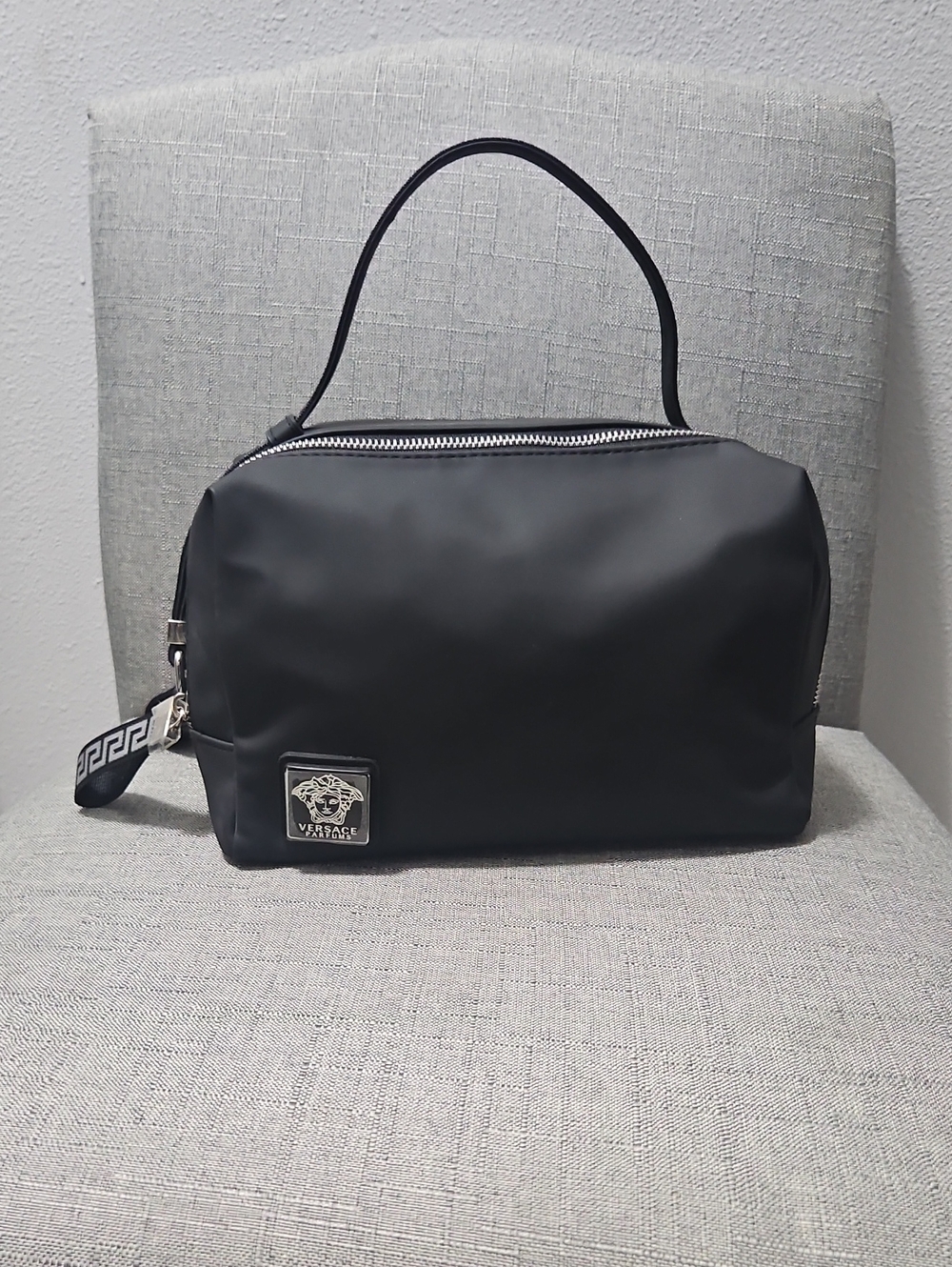 Versace Black Nylon Men's Toiletry Bag with Medusa Plaque
